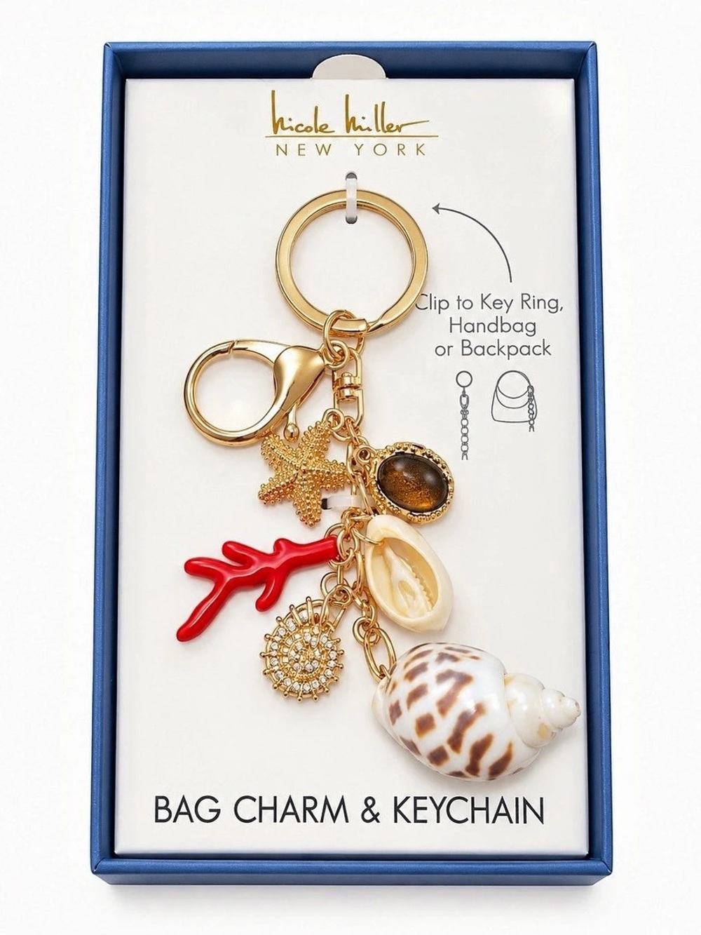 Nicole Miller Seashell Coral Starfish Bag Charm Keychain Gold Tone Coastal Beach